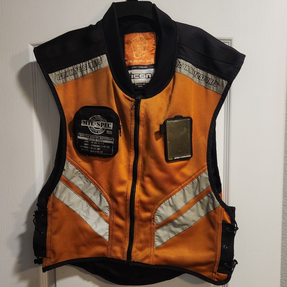 Icon Motorsports Men's Mil Spec Orange Mesh Safety Vest Motorcycle Regular Sz